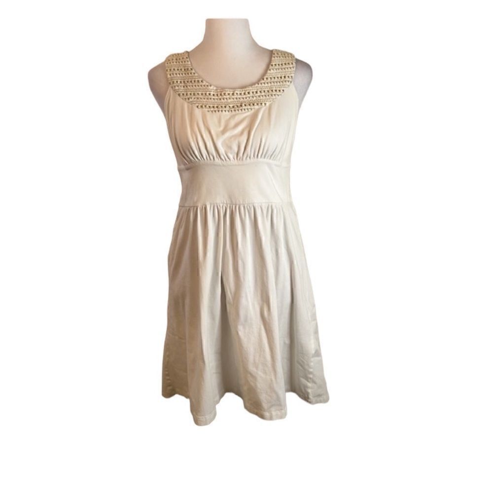 Mark. Avon white mini dress w/gold embroidered bodice tie back empire waist GUC